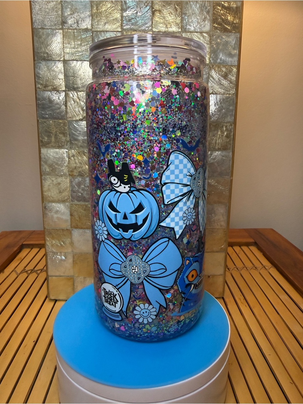 Blue Glitter Halloween Pumpkin Travel Tumbler - Unbranded
